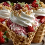 Strawberry Crunch Cheesecake Cones garnished with strawberries and toppings