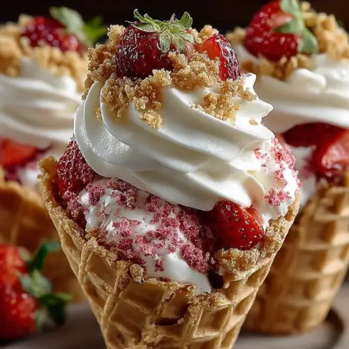 Strawberry Crunch Cheesecake Cones garnished with strawberries and toppings