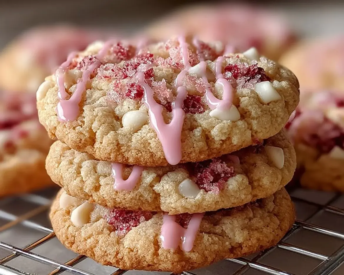 Freshly baked Strawberry Crunch Cookies with a crunchy topping