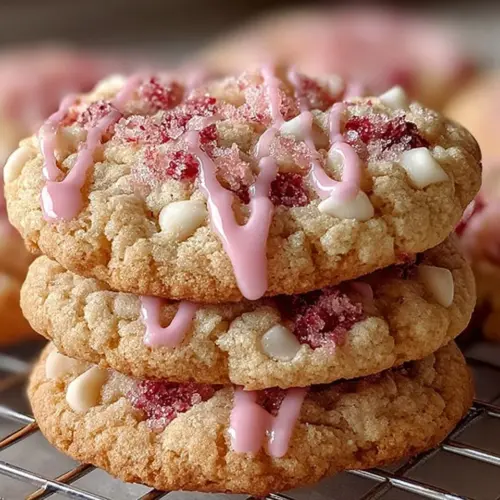 Freshly baked Strawberry Crunch Cookies with a crunchy topping