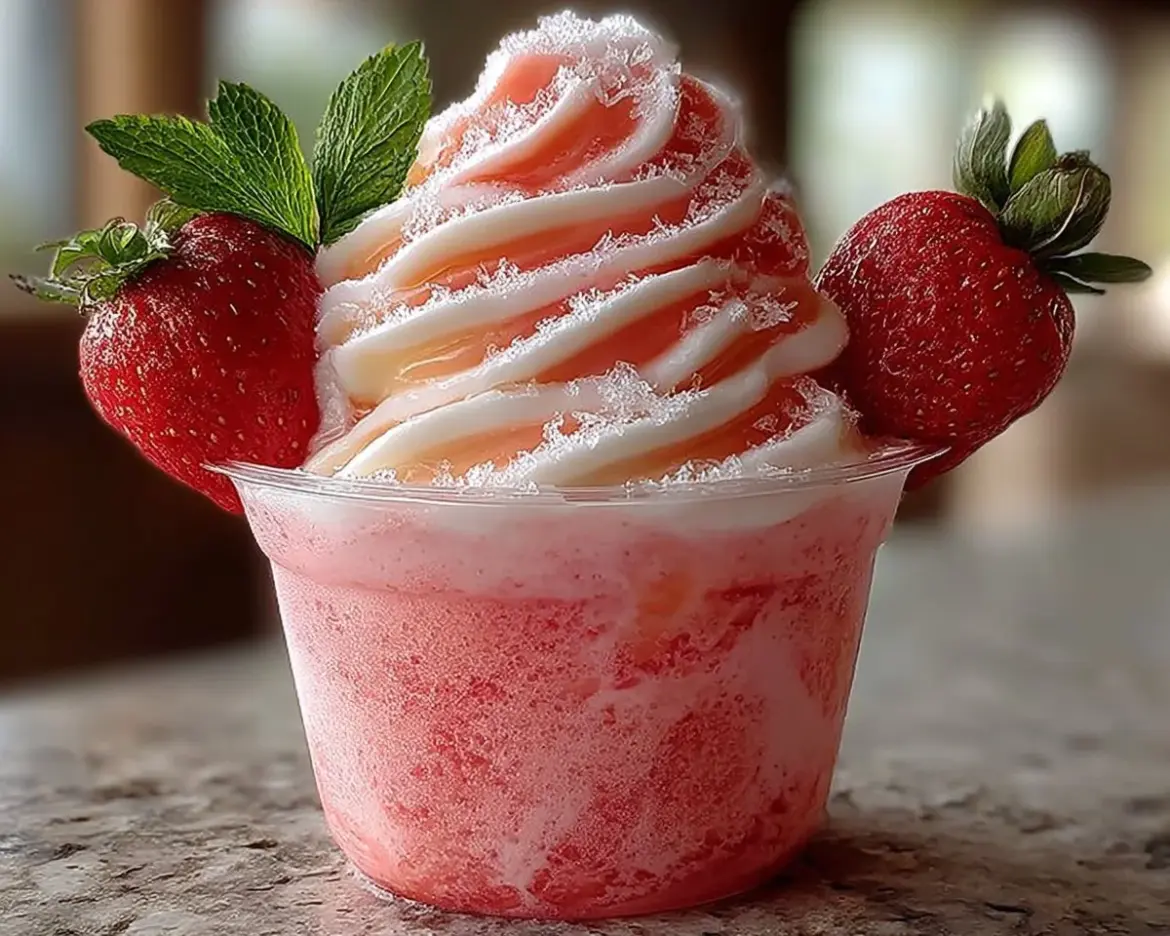 Delicious Strawberry Dole Whip dessert in a bowl topped with fresh strawberries.