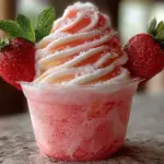 Delicious Strawberry Dole Whip dessert in a bowl topped with fresh strawberries.