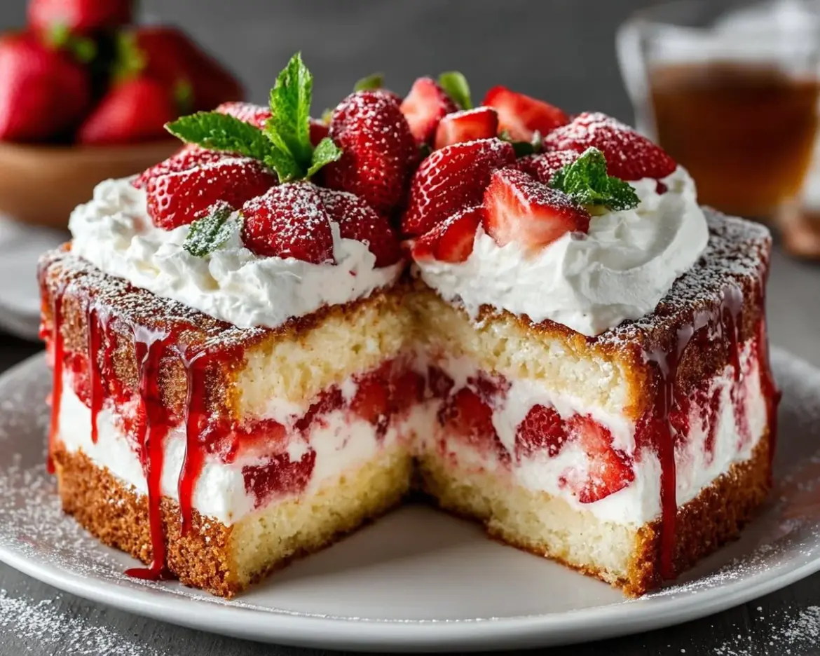 Delicious Strawberry Earthquake Cake with fresh strawberries and creamy topping