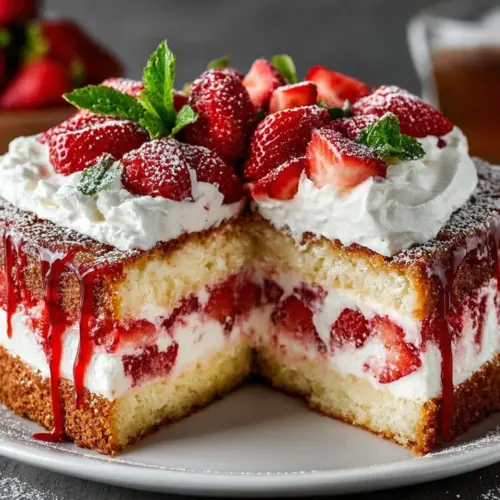Delicious Strawberry Earthquake Cake with fresh strawberries and creamy topping