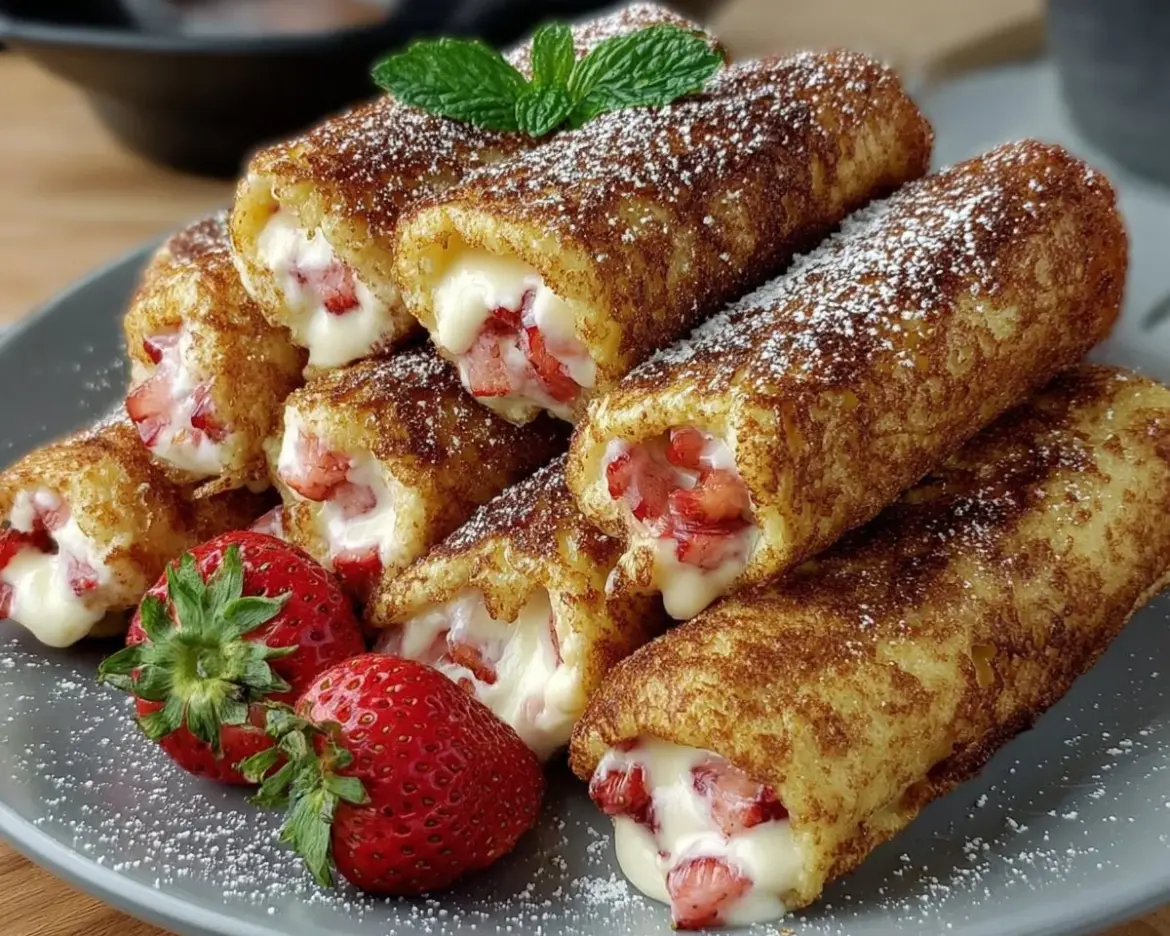 Strawberry French Toast Roll Ups served on a plate with syrup and fresh strawberries
