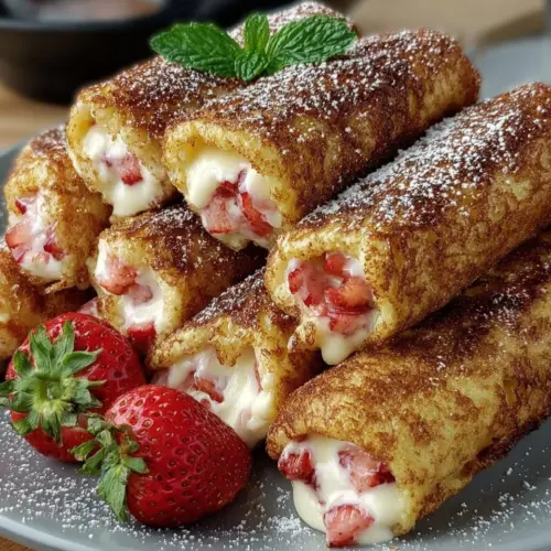 Strawberry French Toast Roll Ups served on a plate with syrup and fresh strawberries