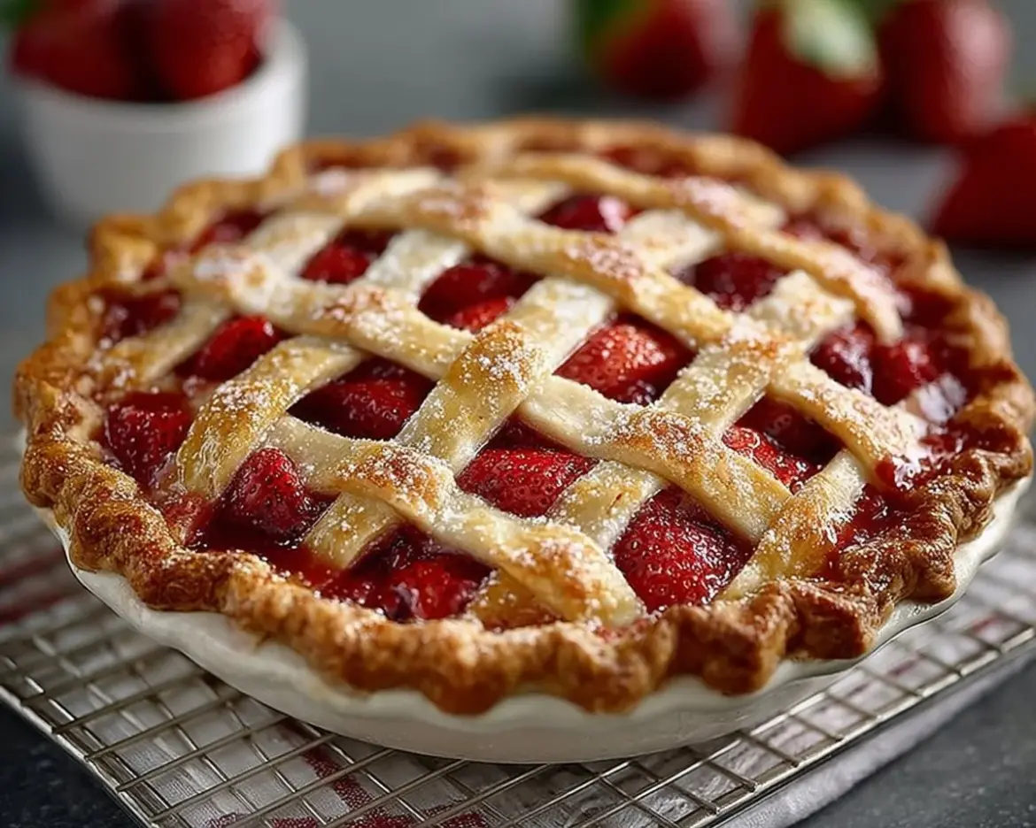 Homemade Strawberry Rhubarb Pie with fresh berries and a golden crust