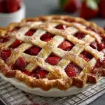 Homemade Strawberry Rhubarb Pie with fresh berries and a golden crust