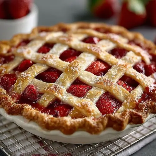 Homemade Strawberry Rhubarb Pie with fresh berries and a golden crust