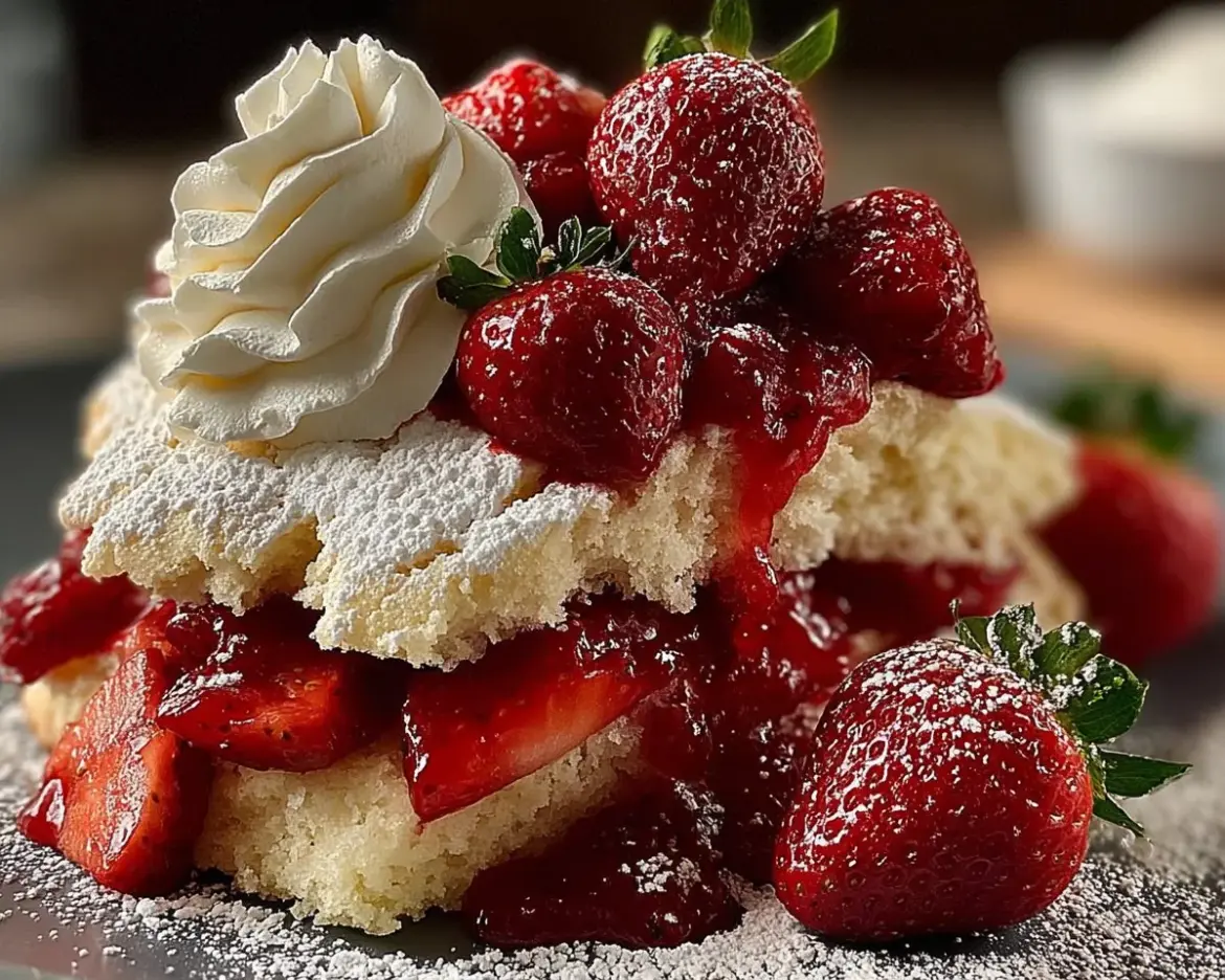 Delicious strawberry shortcake topped with whipped cream and fresh strawberries