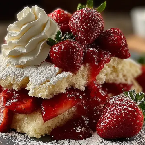 Delicious strawberry shortcake topped with whipped cream and fresh strawberries