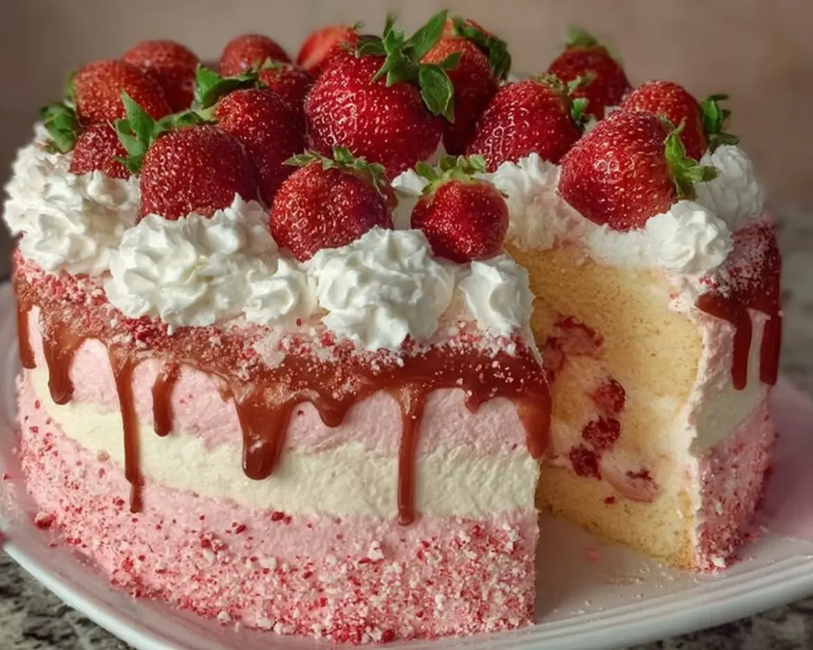 Strawberry Shortcake Ice Cream Cake with fresh strawberries and whipped cream
