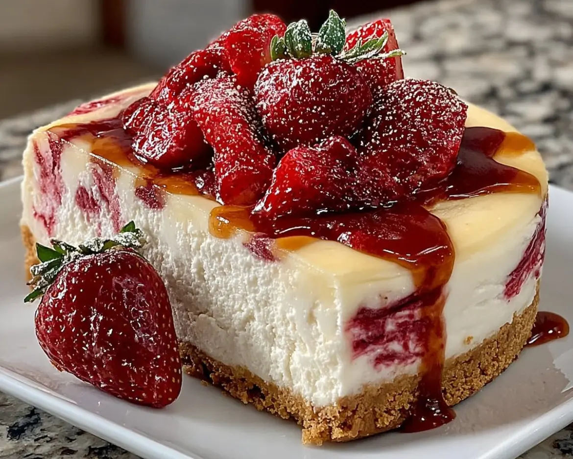 Delicious strawberry swirl cheesecake topped with fresh strawberries and cream
