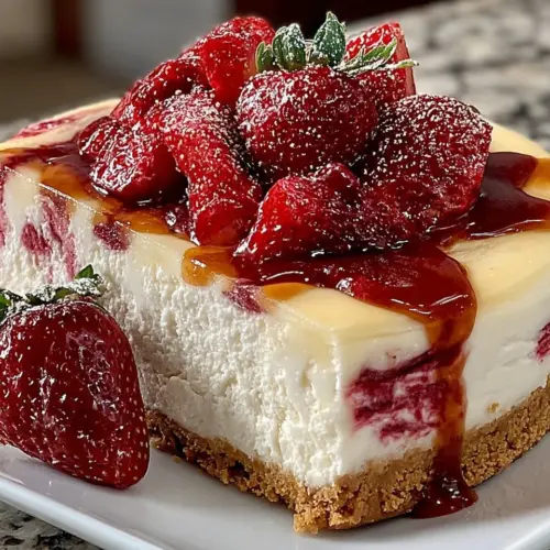 Delicious strawberry swirl cheesecake topped with fresh strawberries and cream