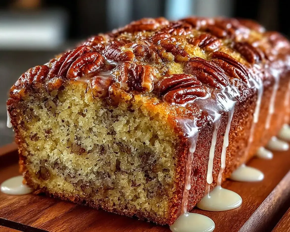 Loaf of Sweet Alabama Pecan Bread with toasted pecans on top