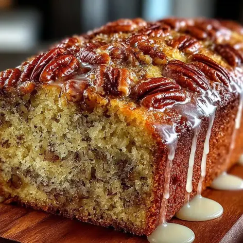 Loaf of Sweet Alabama Pecan Bread with toasted pecans on top
