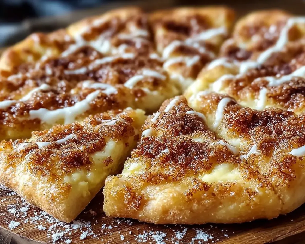 Delicious cinnamon-sugar pizza topped with a crunchy layer of sweetness