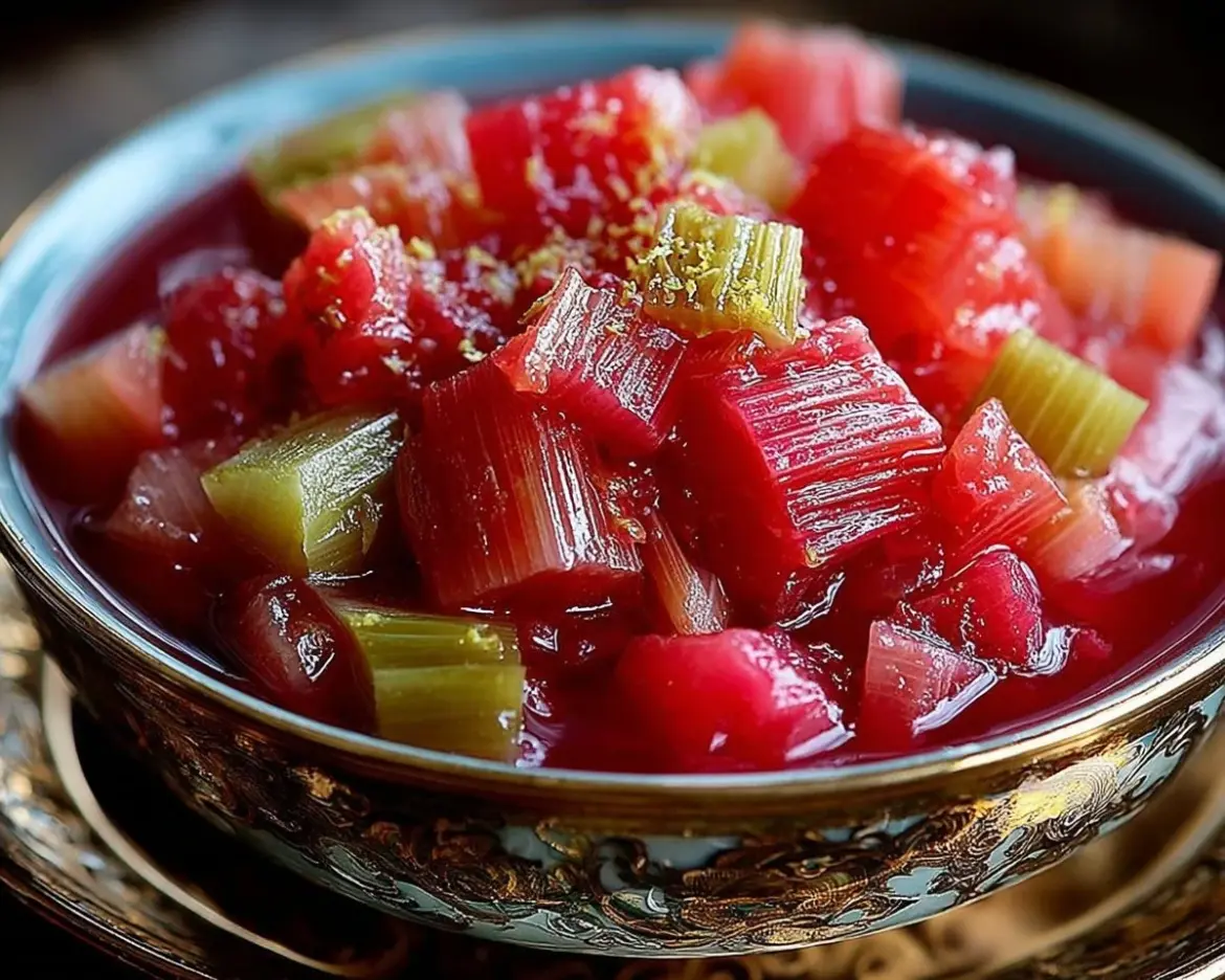 Bowl of sweet and tangy stewed rhubarb garnished with mint leaves