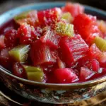 Bowl of sweet and tangy stewed rhubarb garnished with mint leaves