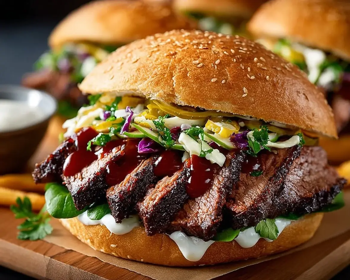Texas-style beef brisket sandwich with tender brisket and zesty sauce
