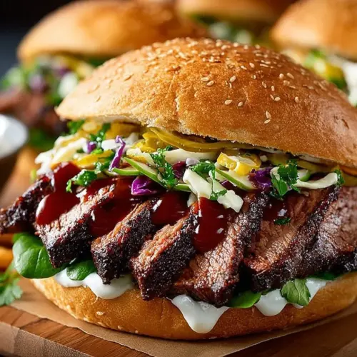 Texas-style beef brisket sandwich with tender brisket and zesty sauce
