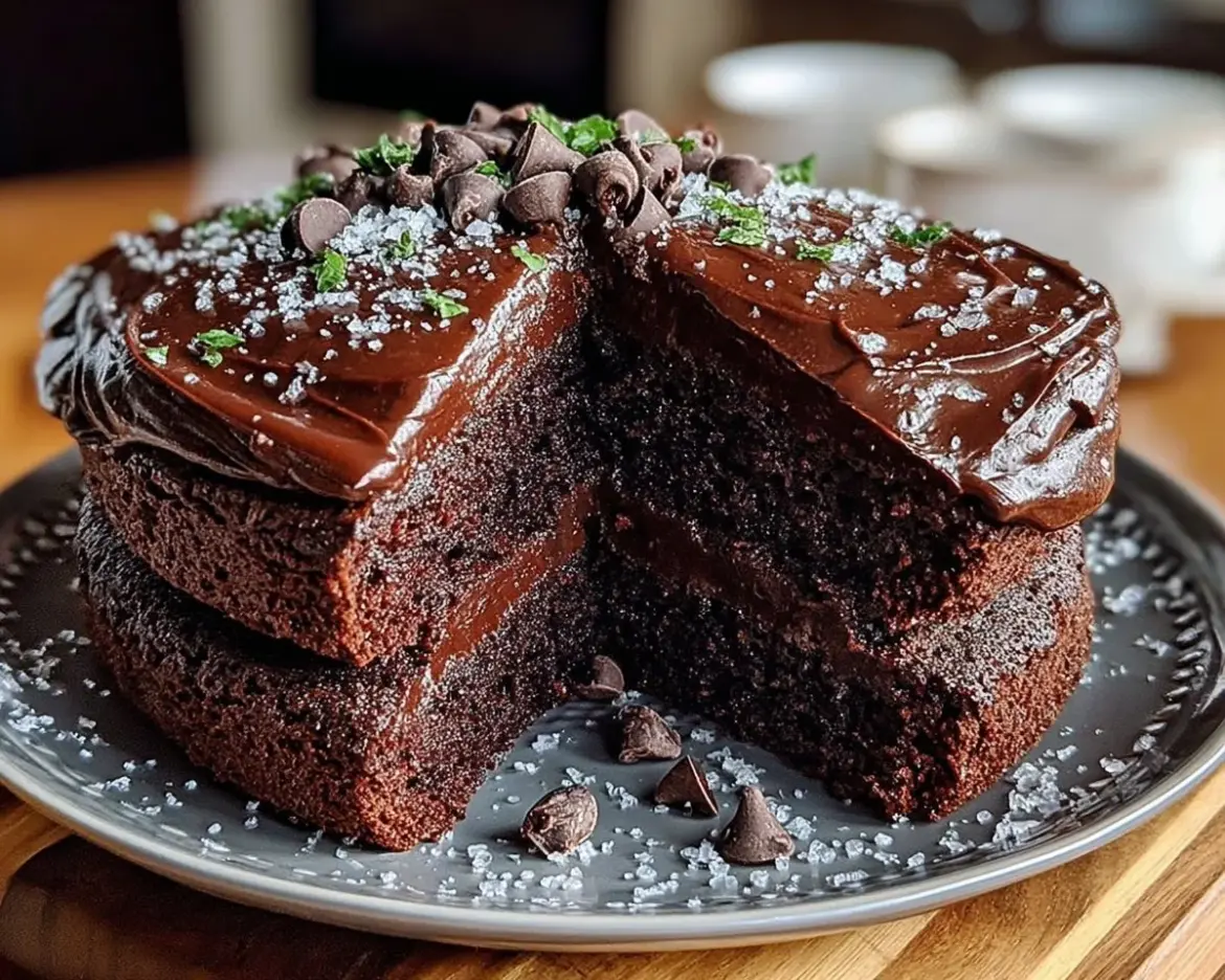 Delicious triple chocolate cake layers topped with rich chocolate frosting.