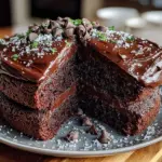 Delicious triple chocolate cake layers topped with rich chocolate frosting.