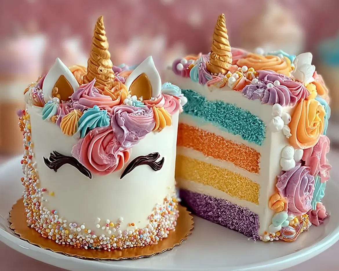 Colorful unicorn cake topped with a horn and decorative stars