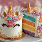 Colorful unicorn cake topped with a horn and decorative stars