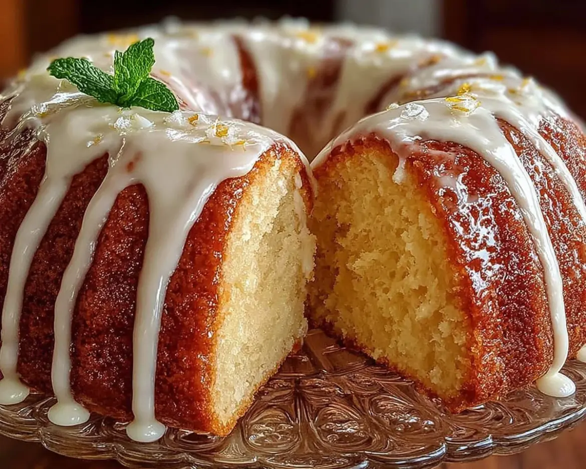 Vanilla Buttermilk Pound Cake with Cream Cheese Glaze on a rustic table