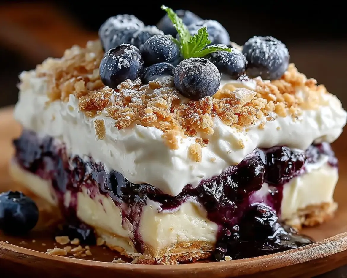 Delicious white chocolate blueberry lasagna served in a dessert dish.