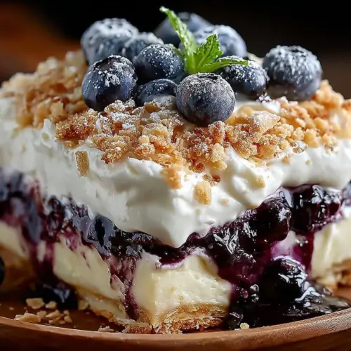 Delicious white chocolate blueberry lasagna served in a dessert dish.