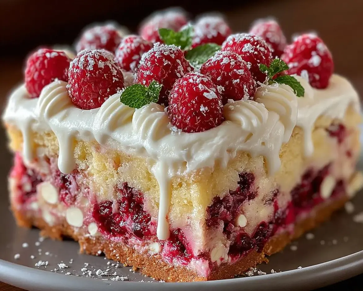 Delicious White Chocolate Raspberry Poke Cake topped with whipped cream and raspberries