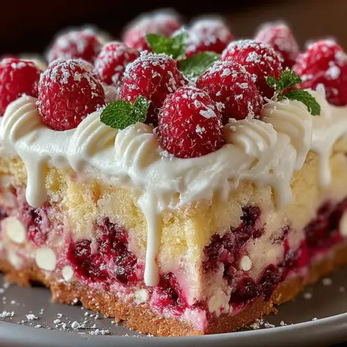 Delicious White Chocolate Raspberry Poke Cake topped with whipped cream and raspberries