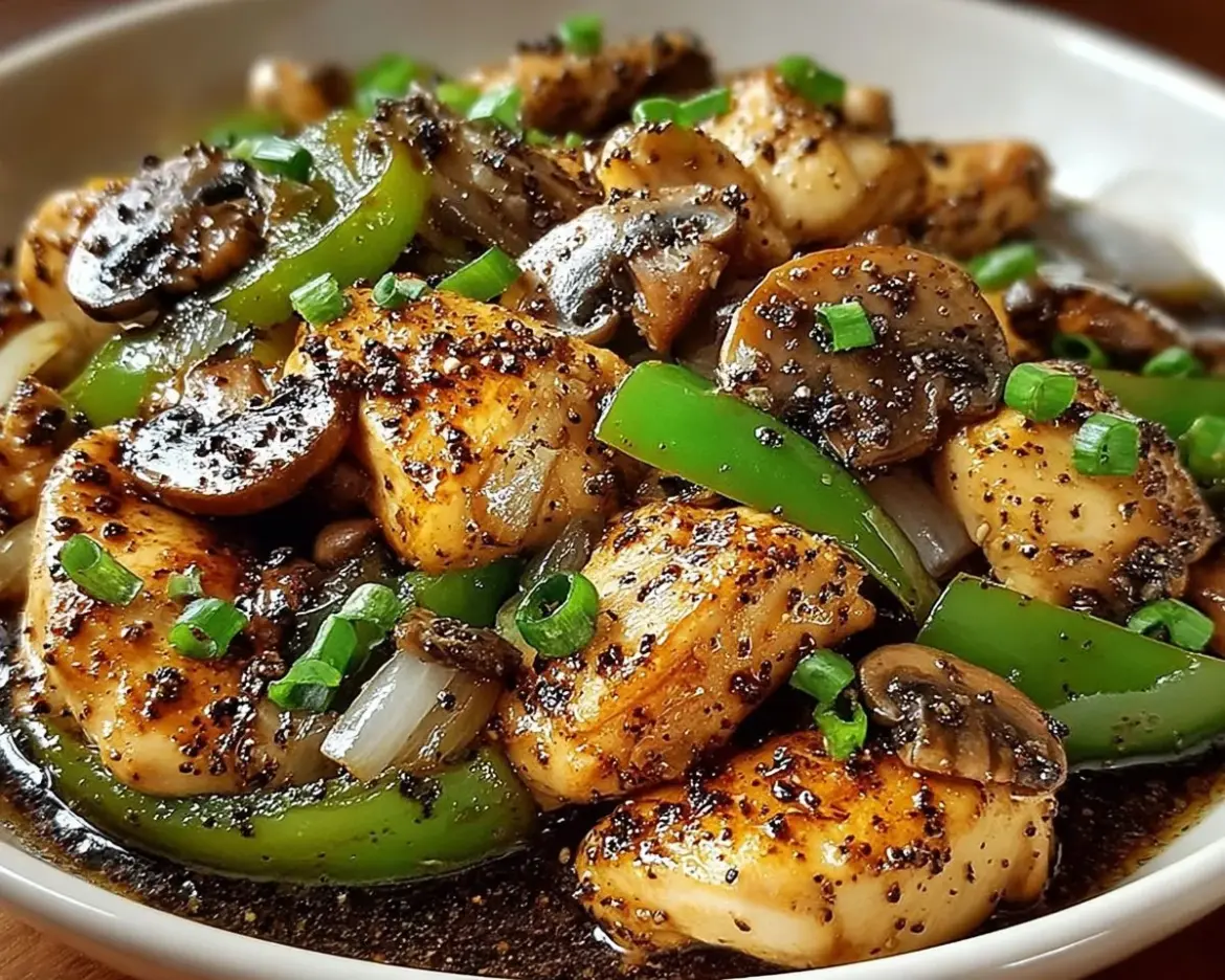 Delicious black pepper chicken with mushrooms served on a plate