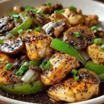 Delicious black pepper chicken with mushrooms served on a plate