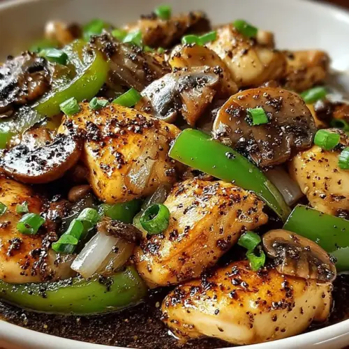Delicious black pepper chicken with mushrooms served on a plate