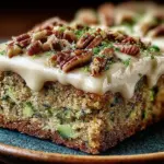 Zucchini bars topped with brown butter frosting on a wooden table