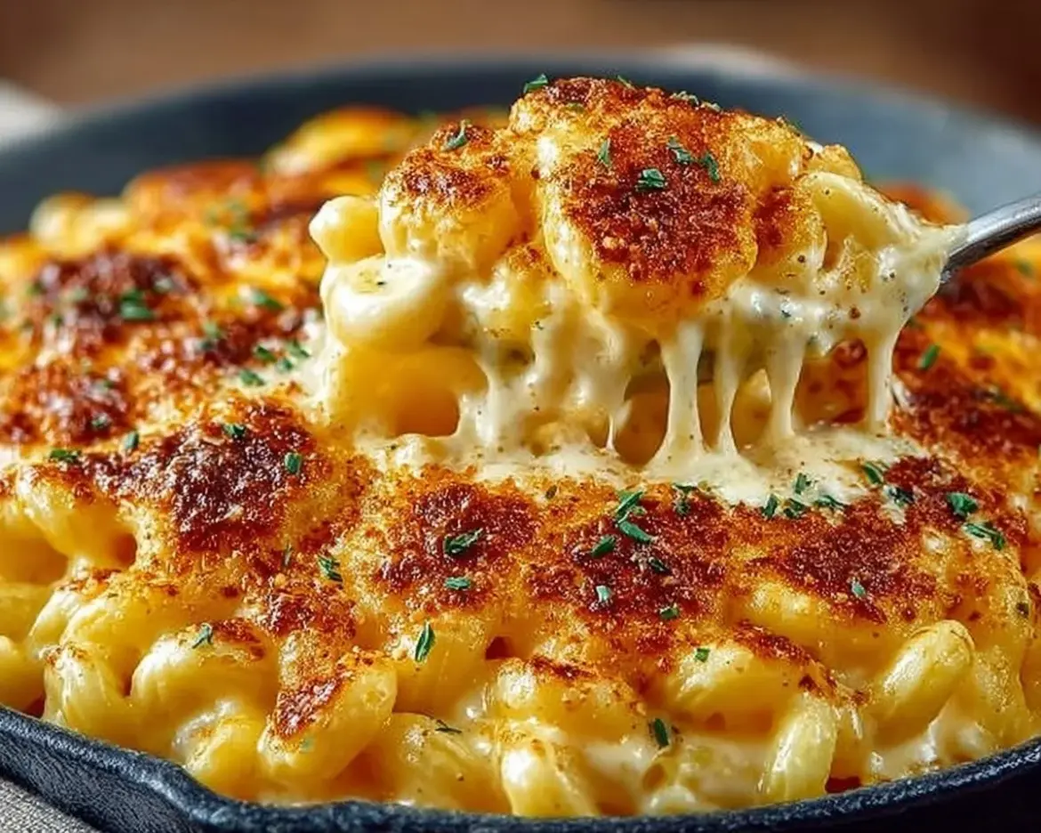 Bowl of easy good old-fashioned mac and cheese topped with melted cheese.