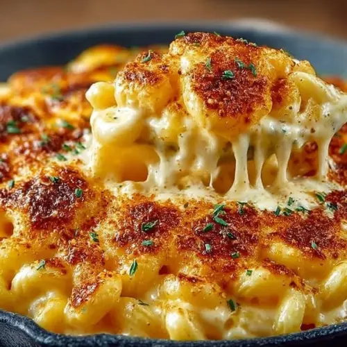 Bowl of easy good old-fashioned mac and cheese topped with melted cheese.